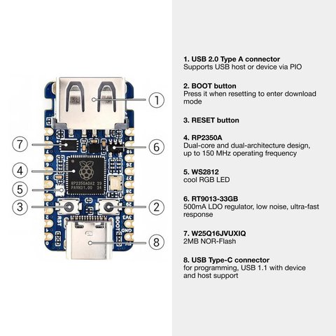 Raspberry RP2350-USB-A Raspberry (RP2350 dual-core, dual-socket processor) Vista previa  4