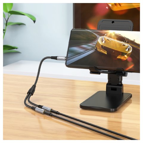 AUX-кабель Hoco UPA21, TRS 3.5 мм, TRRS 3.5 мм, 25 см, сірий, для навушників, в нейлоновому обплетенні, male to 2 female, #6931474766809 Прев'ю 2