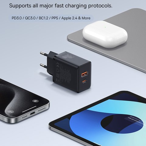 Мережевий зарядний пристрій Baseus Cube, 30 Вт, Power Delivery (PD), Fast Charge, чорний, 2 порта, #P10111404113-00 Прев'ю 4